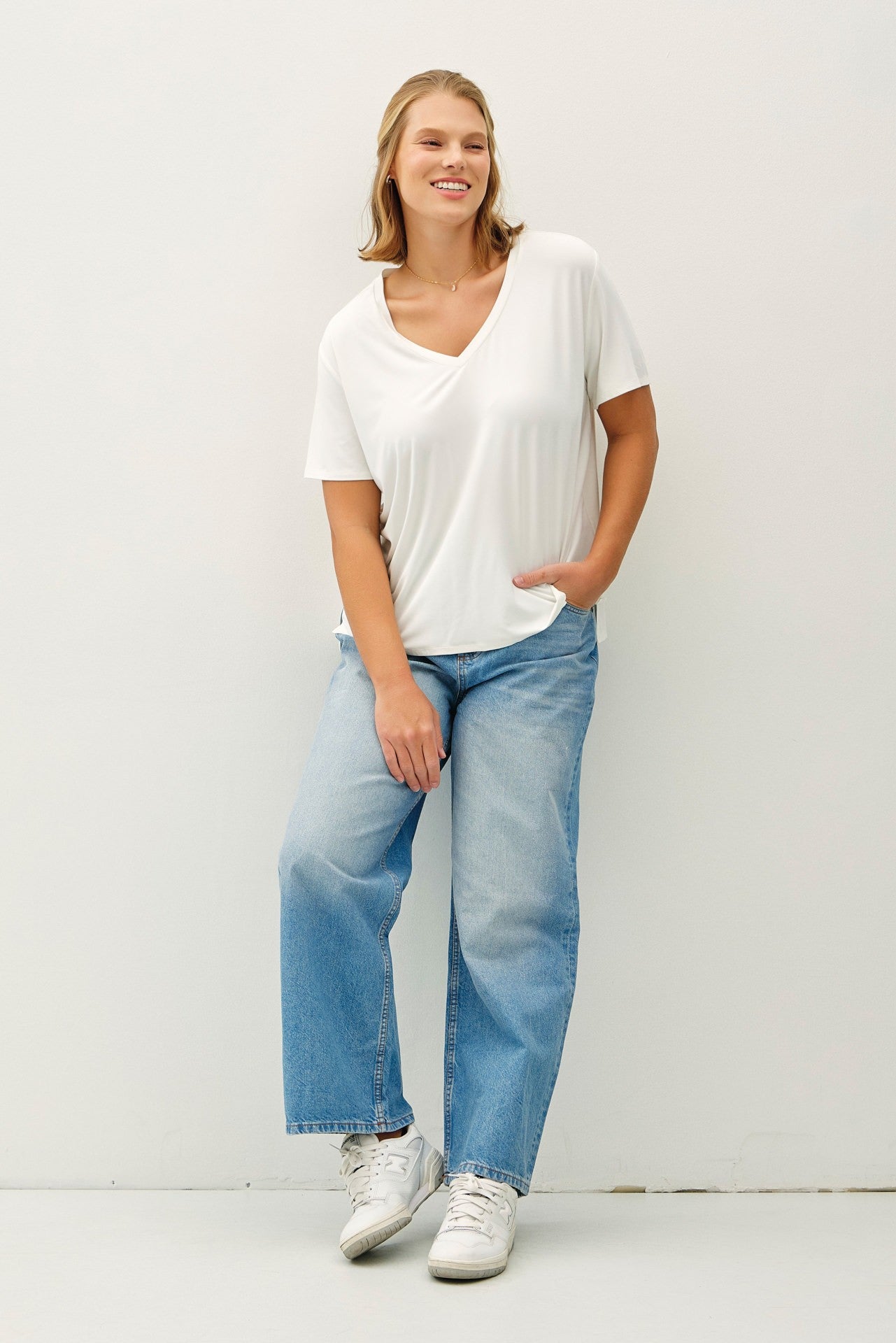 Be Cool Finley V-Neck Boxy Tee, Off White | Plus Size