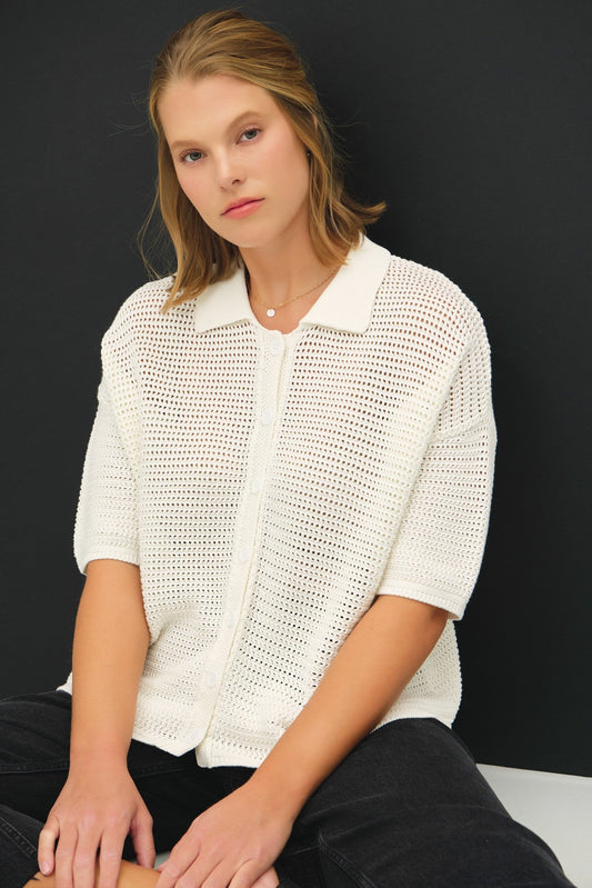 Be Cool Marley Boxy Crocheted Shirt, White | Plus Size