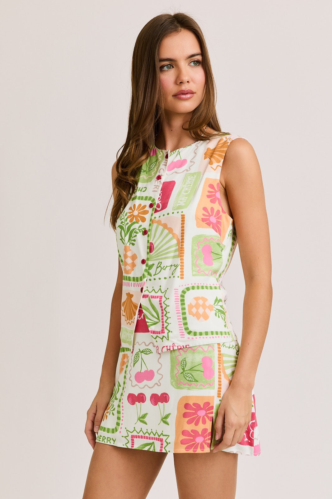  Kinley Printed Button Down Top, White-Multi