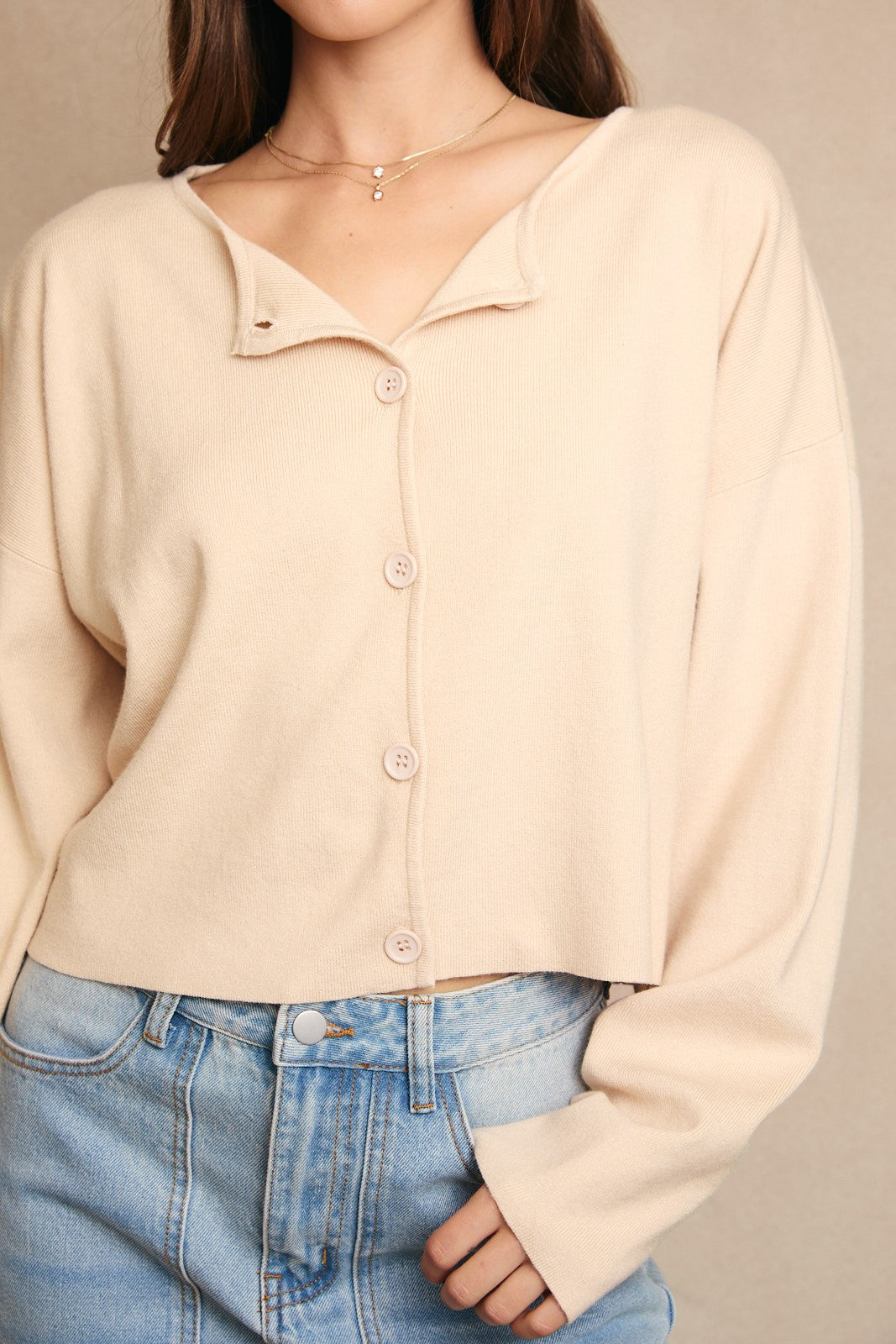  Bianca Cropped Drop Shoulder Cardigan, Beige