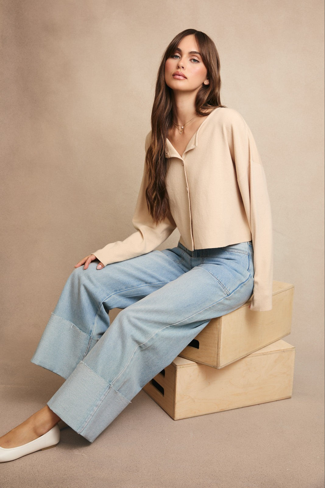  Bianca Cropped Drop Shoulder Cardigan, Beige