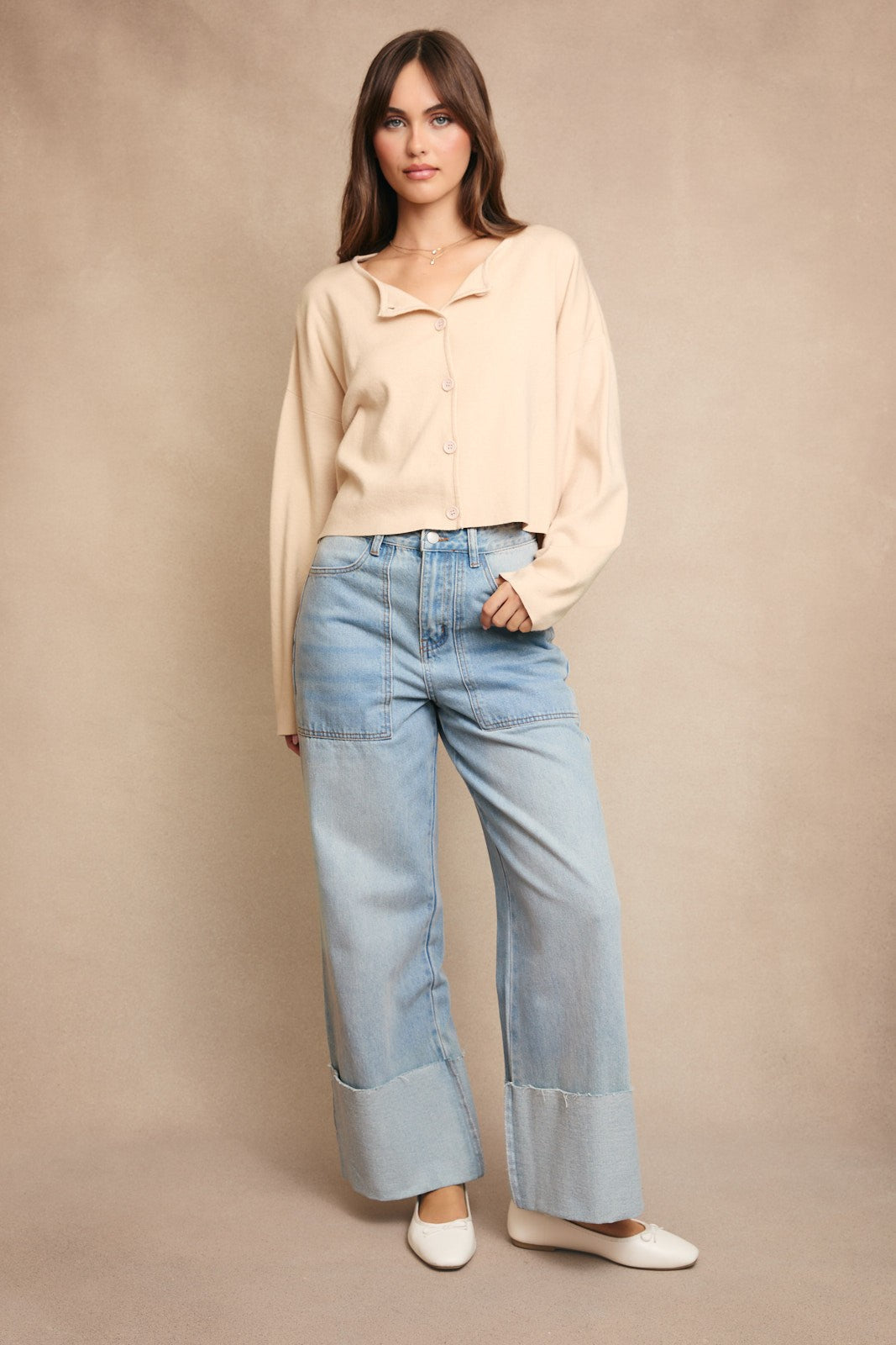  Bianca Cropped Drop Shoulder Cardigan, Beige
