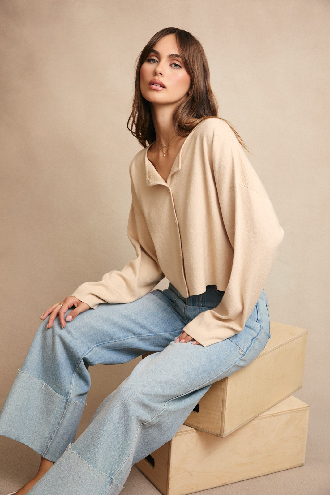  Bianca Cropped Drop Shoulder Cardigan, Beige