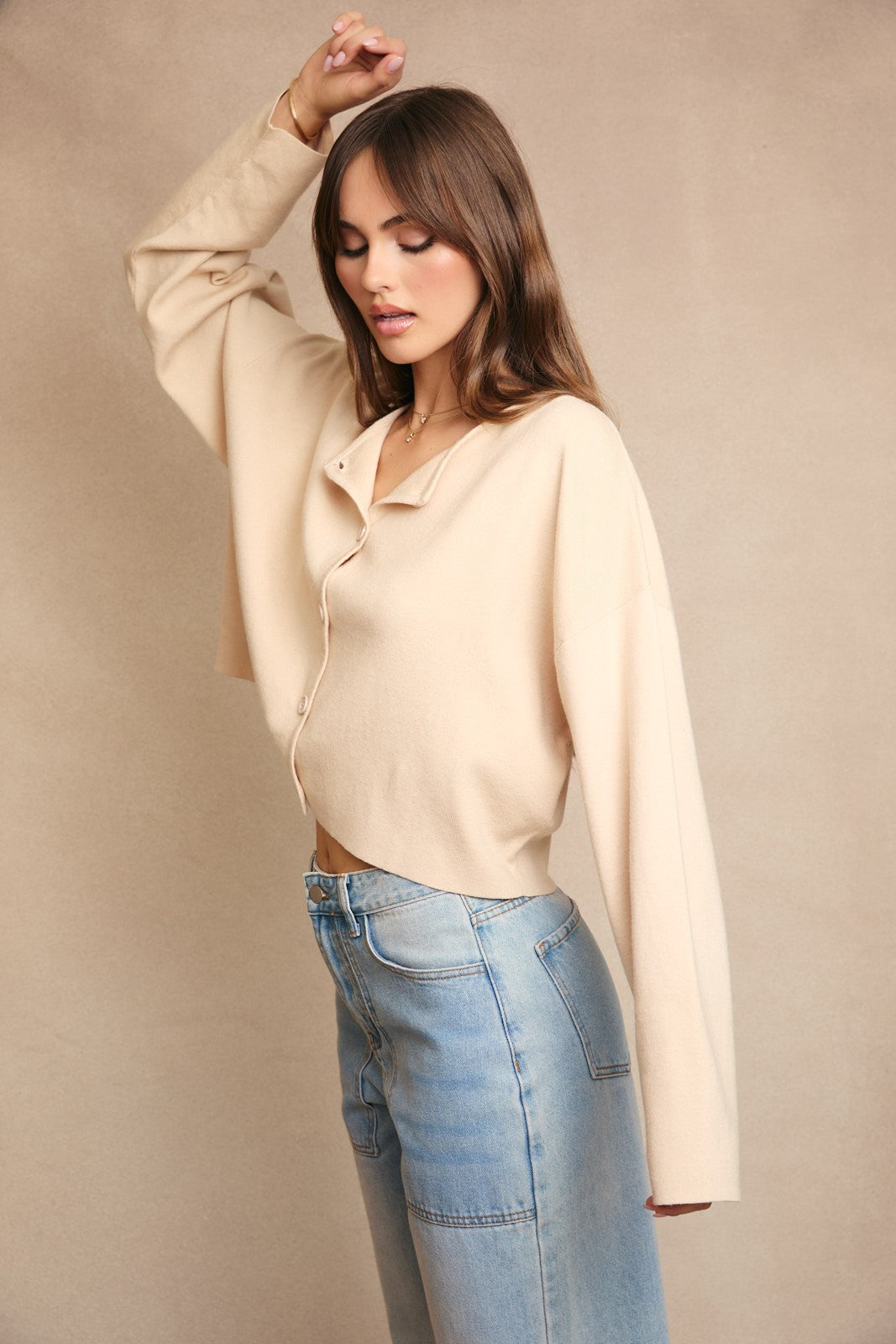  Bianca Cropped Drop Shoulder Cardigan, Beige