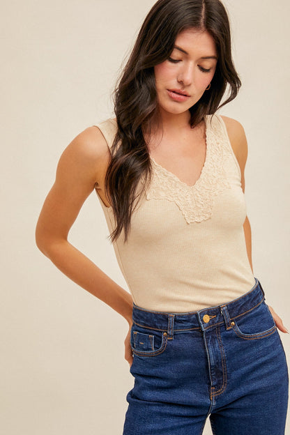  Felicity Lace Trim Ribbed Tank, Taupe Melange