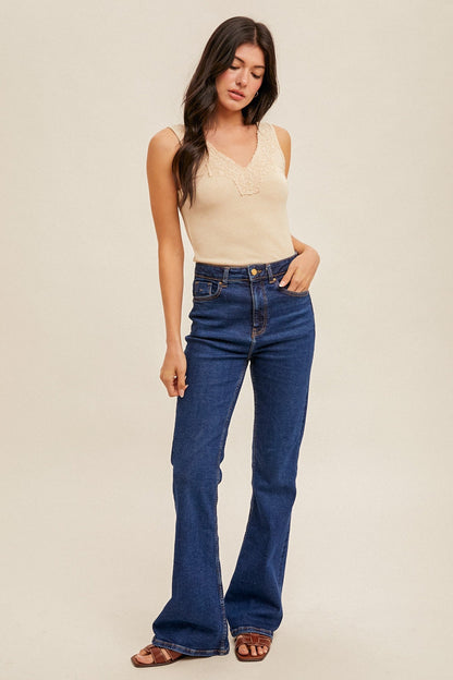  Felicity Lace Trim Ribbed Tank, Taupe Melange