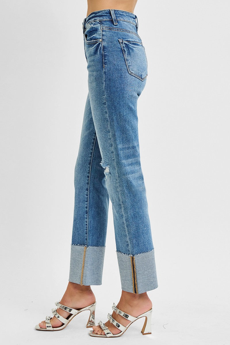  Lia High Rise Straight Wide Cuffed Jeans, Medium