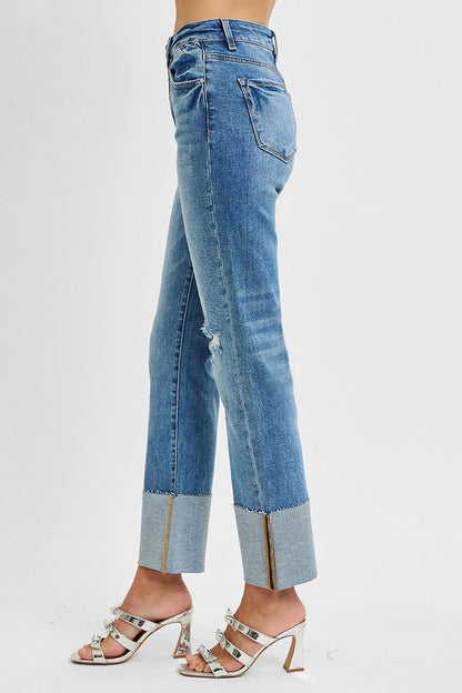  Lia High Rise Straight Wide Cuffed Jeans, Medium
