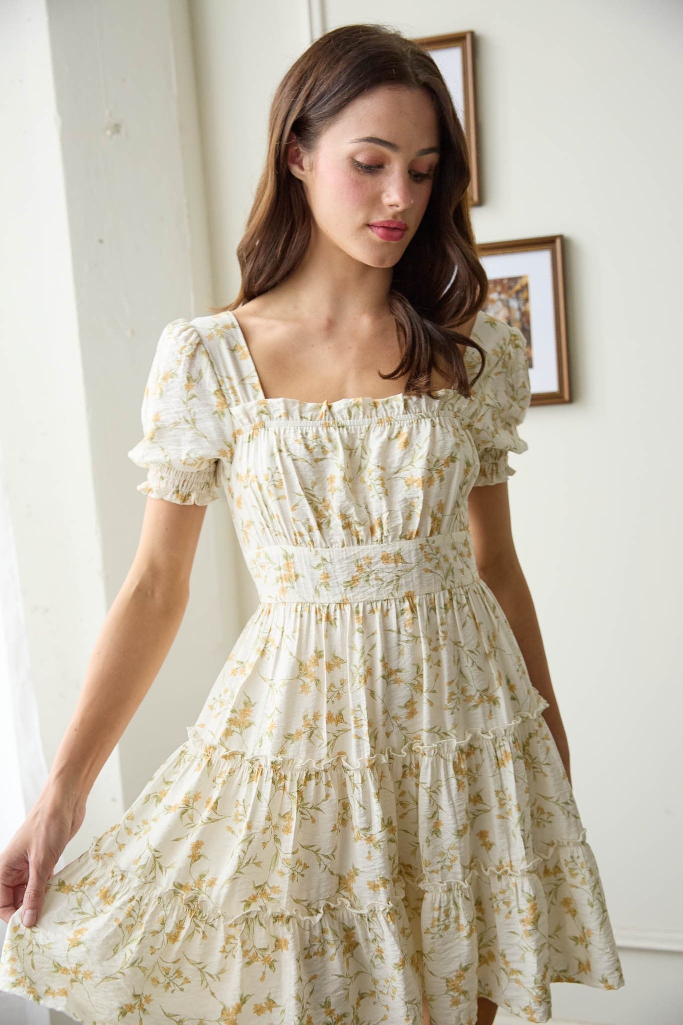  Delilah Floral Square Neck Dress, Ivory Multi