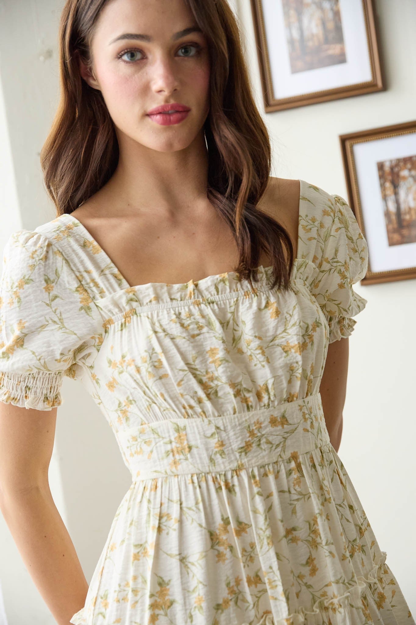  Delilah Floral Square Neck Dress, Ivory Multi