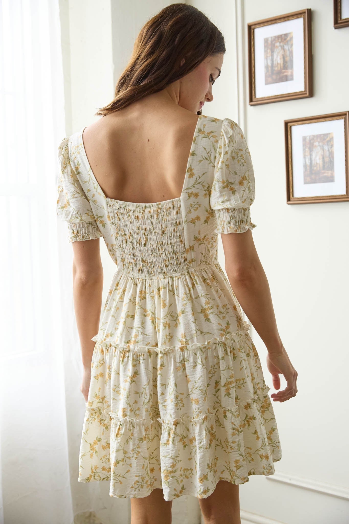  Delilah Floral Square Neck Dress, Ivory Multi