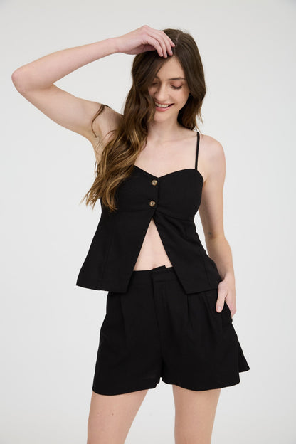  McKenna Linen Pleated Shorts, Black