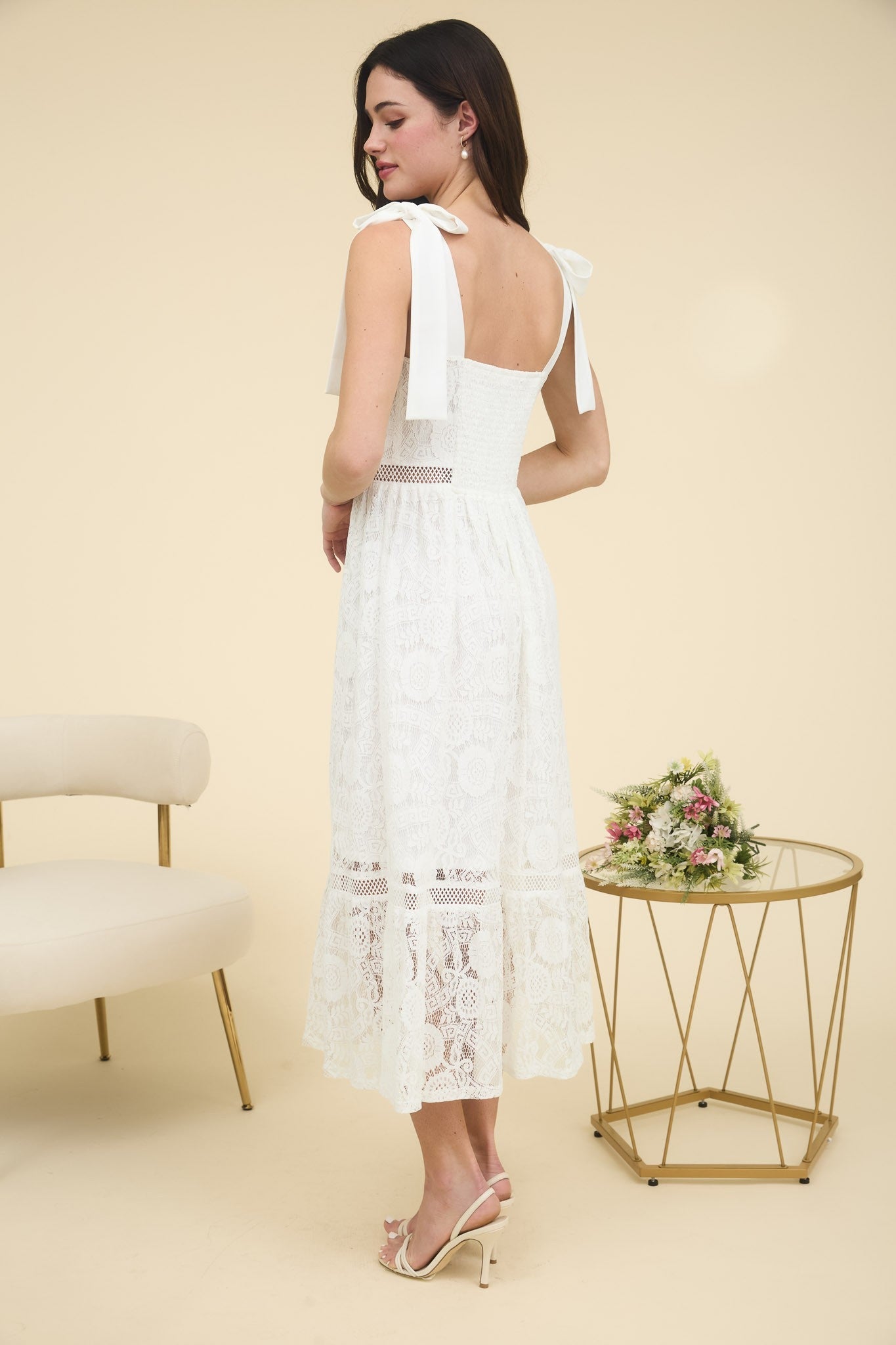  Gabriela Lace Sheer Trim Midi Dress, Off White