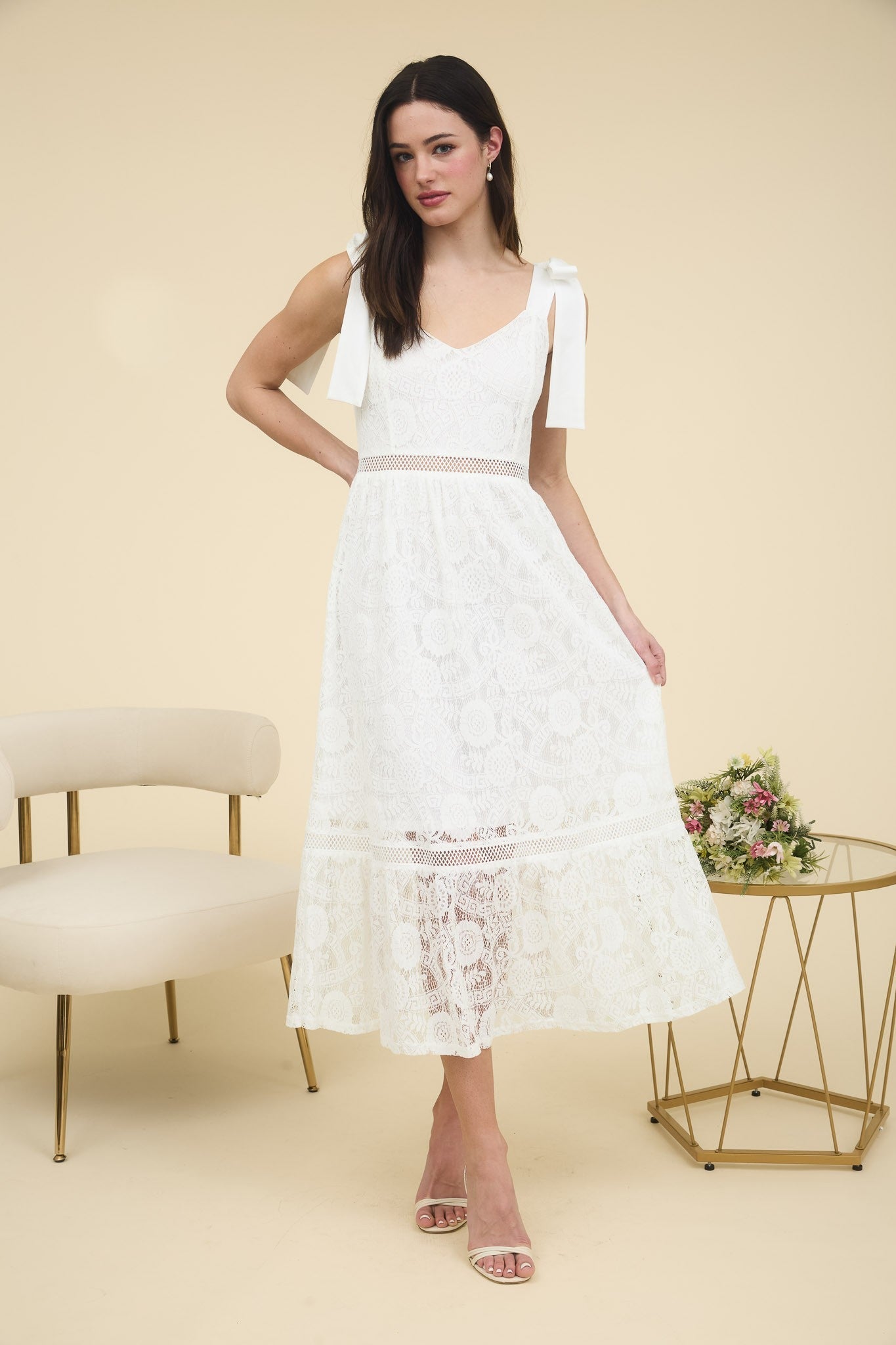  Gabriela Lace Sheer Trim Midi Dress, Off White