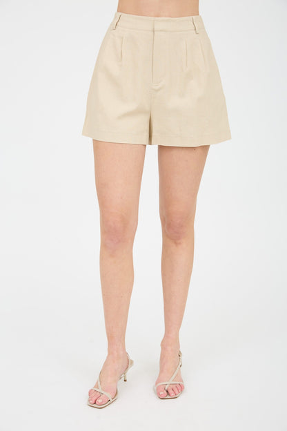  McKenna Linen Pleated Shorts, Khaki