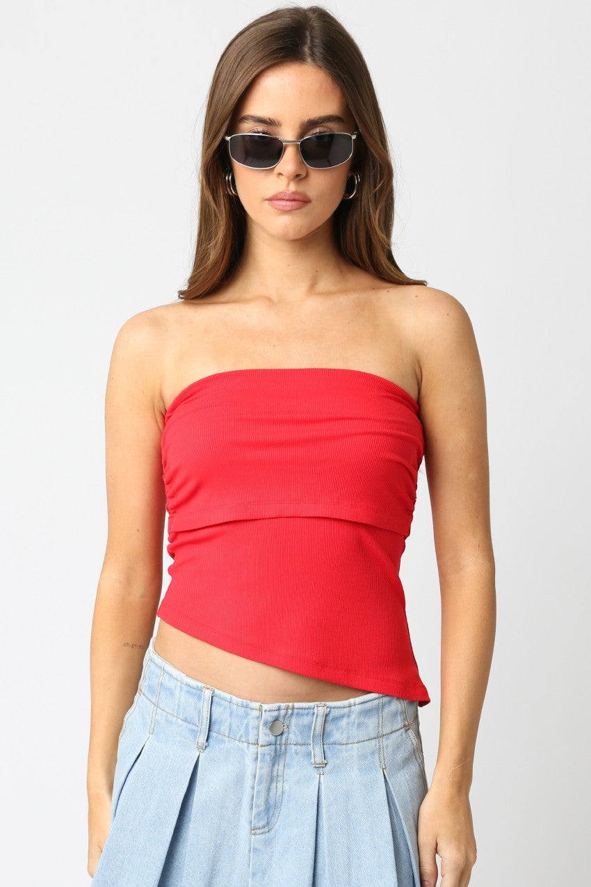  Sonia Asymmetrical Hem Foldover Top, Red