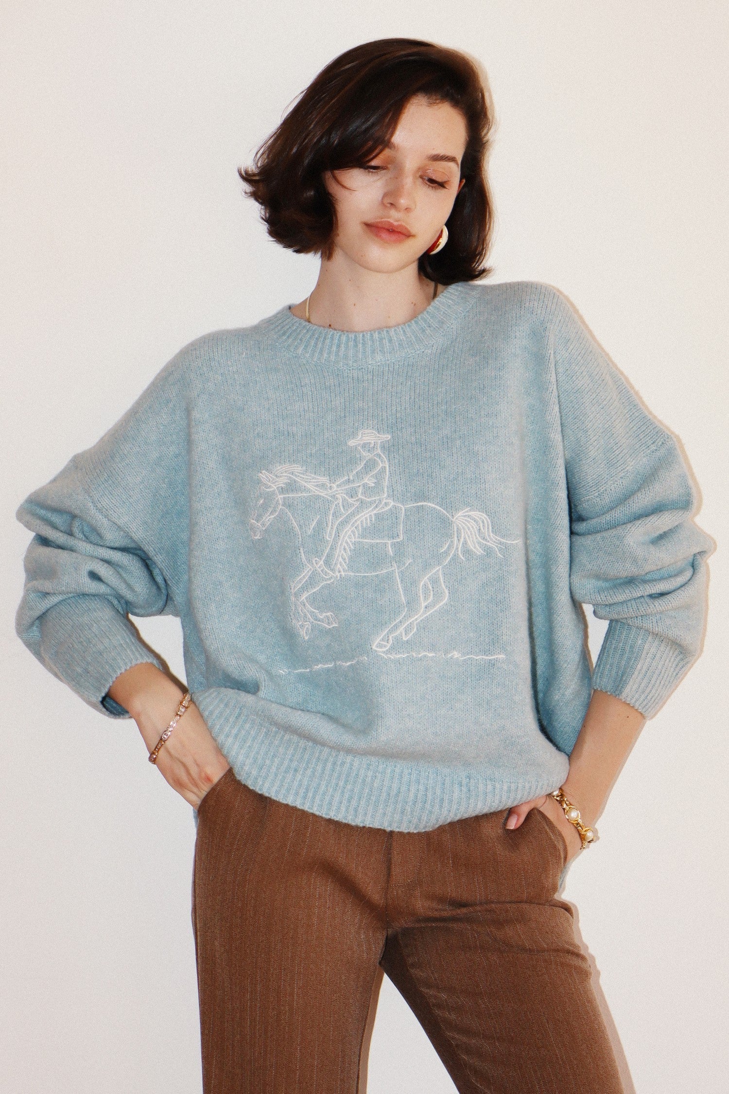  Raina Cowboy Knit Sweater, Sky Blue