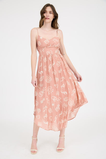  Jordan Doodle Print Shirred Waist Dress, Apricot