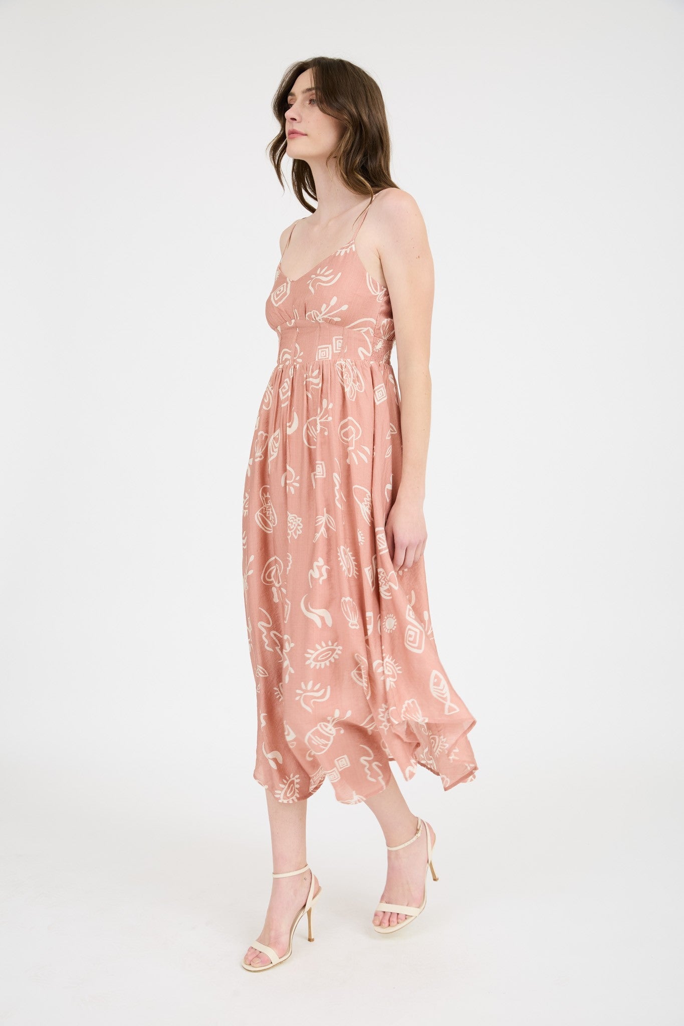  Jordan Doodle Print Shirred Waist Dress, Apricot