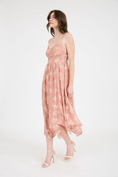  Jordan Doodle Print Shirred Waist Dress, Apricot