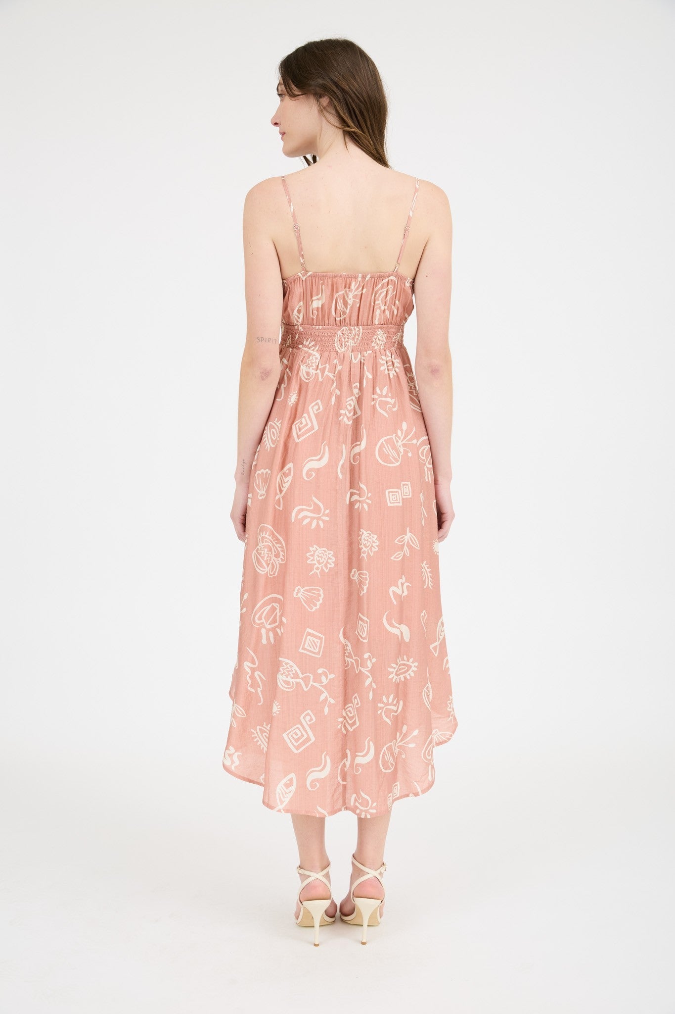  Jordan Doodle Print Shirred Waist Dress, Apricot