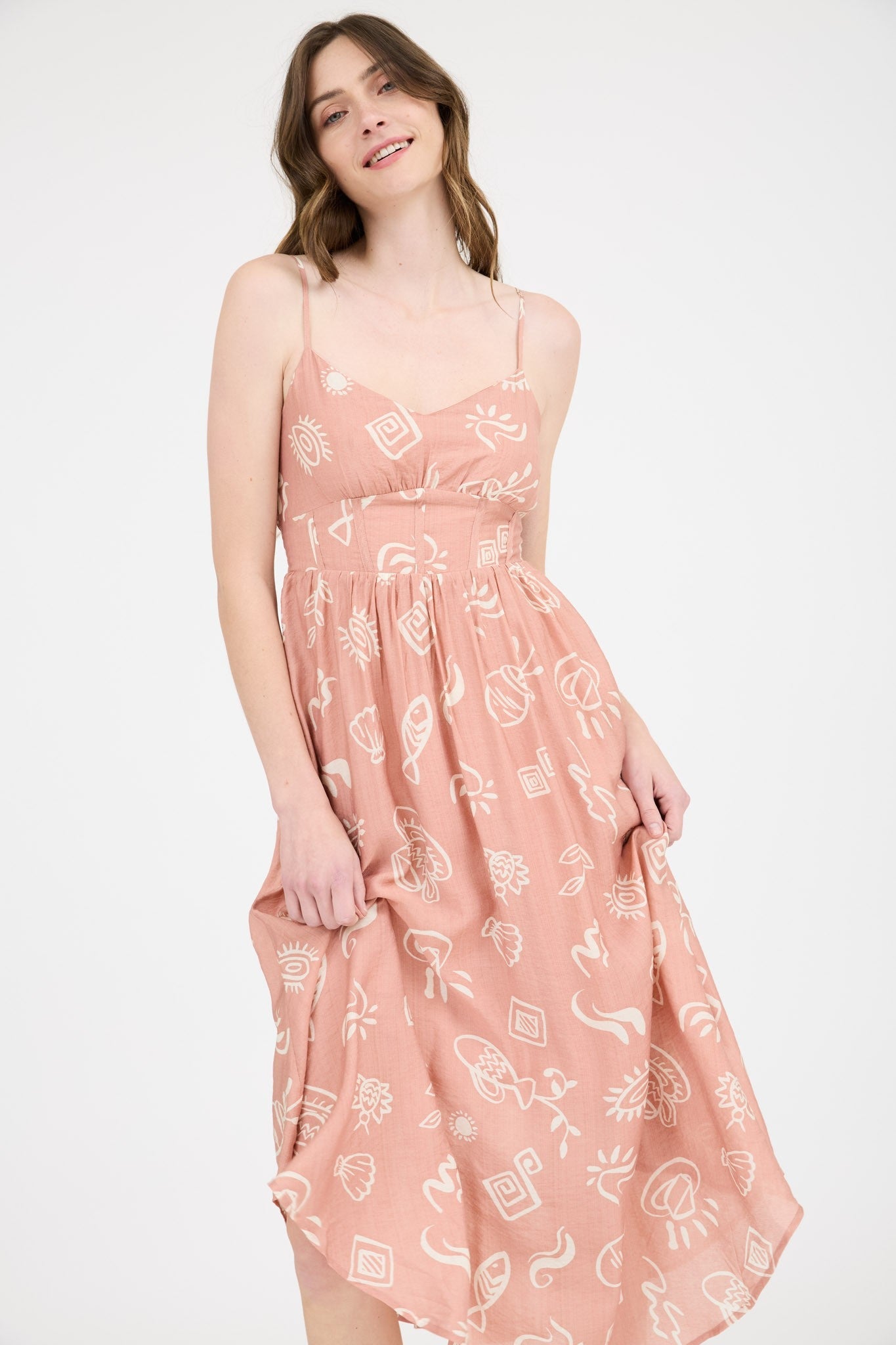  Jordan Doodle Print Shirred Waist Dress, Apricot