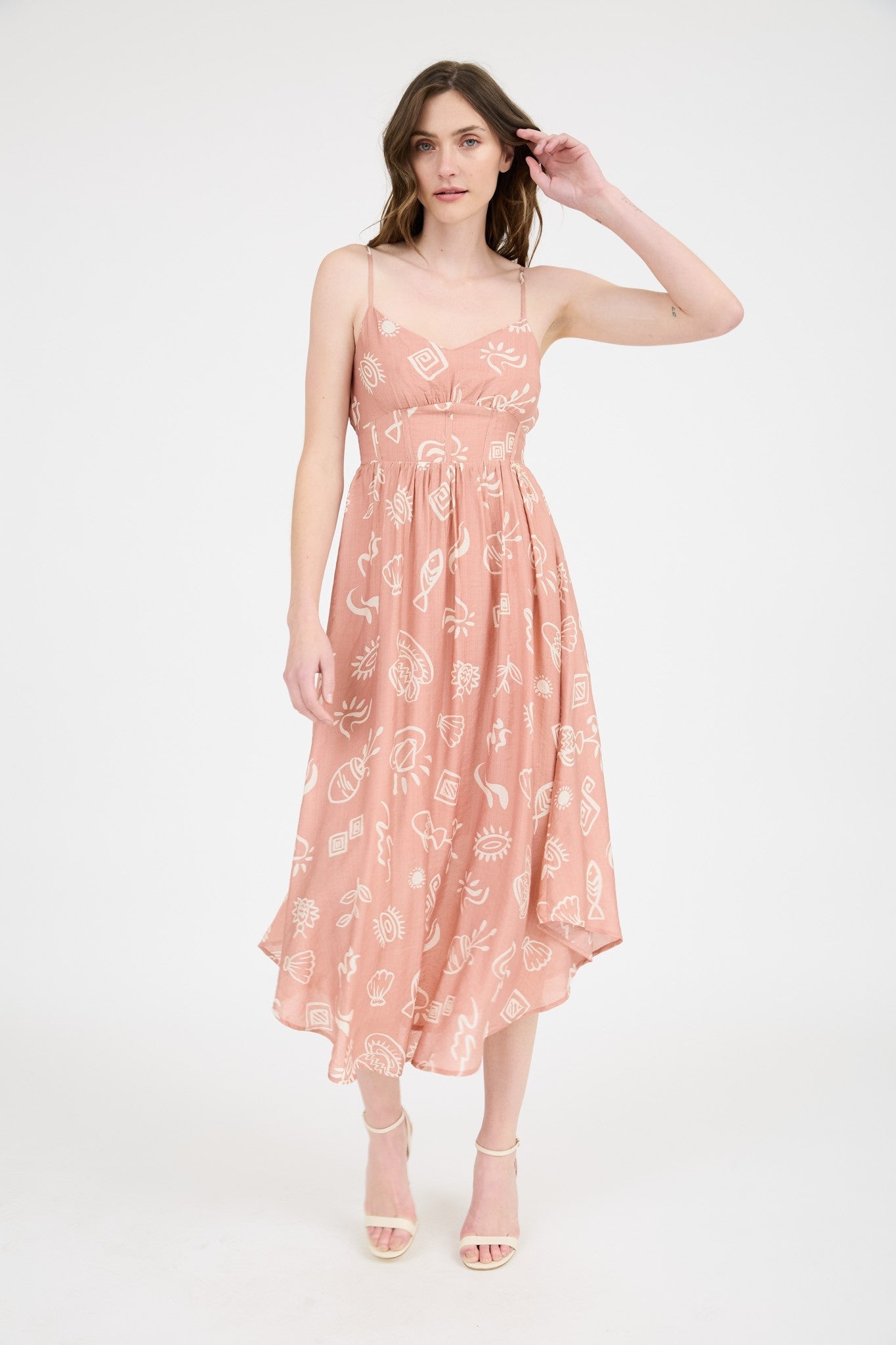  Jordan Doodle Print Shirred Waist Dress, Apricot