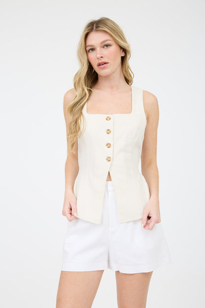  Isabela Linen Split Hem Vest, Natural