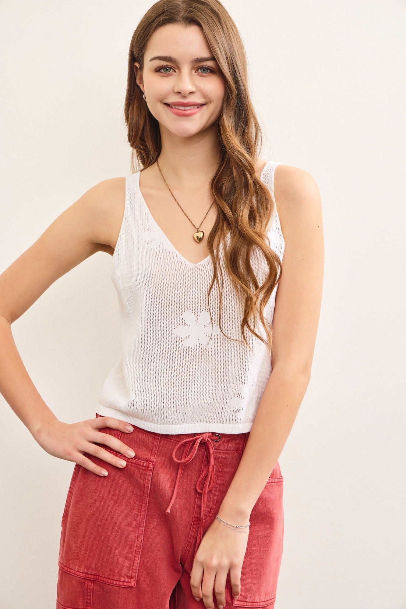  Alexa Floral Knit Sleeveless Top, White