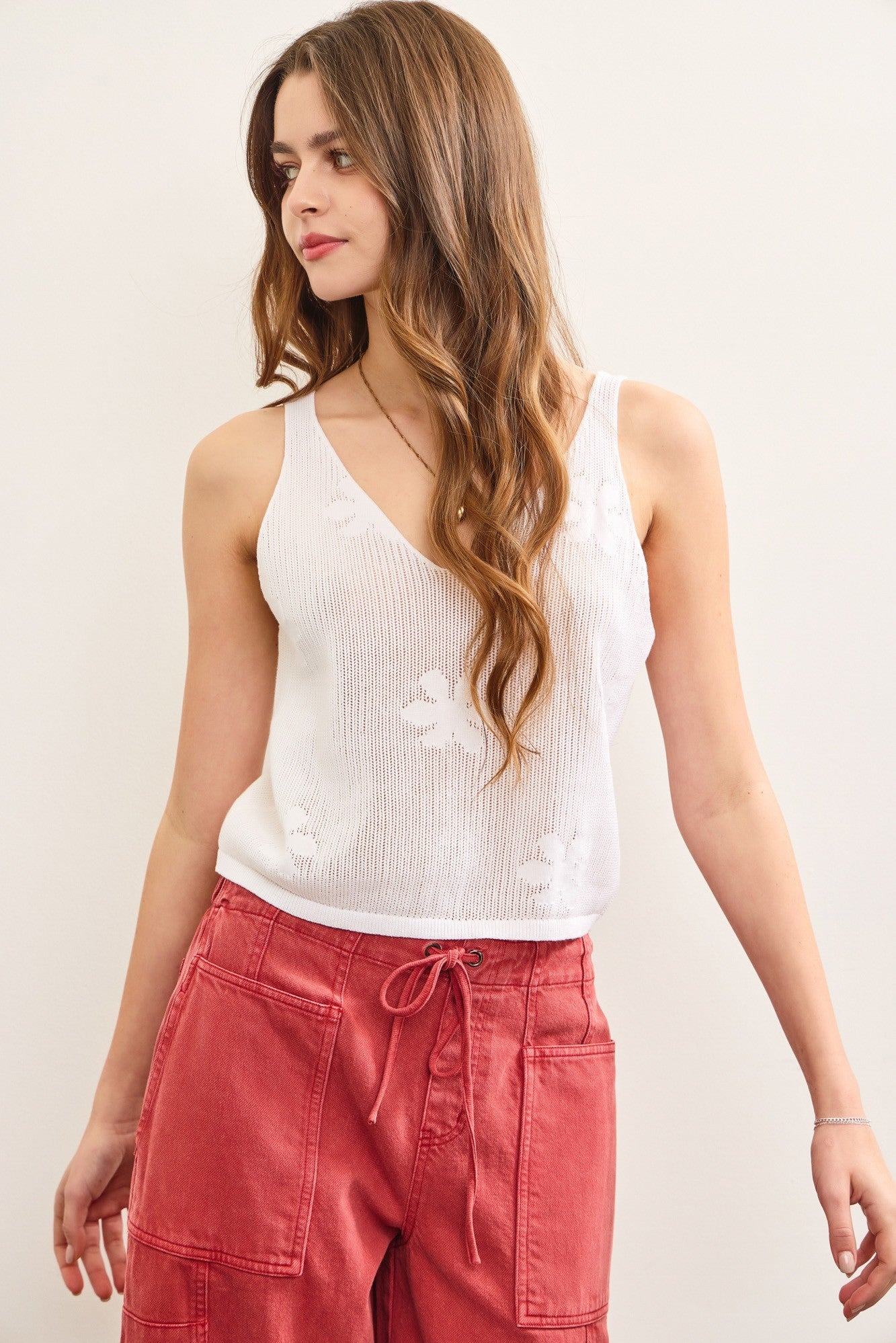  Alexa Floral Knit Sleeveless Top, White