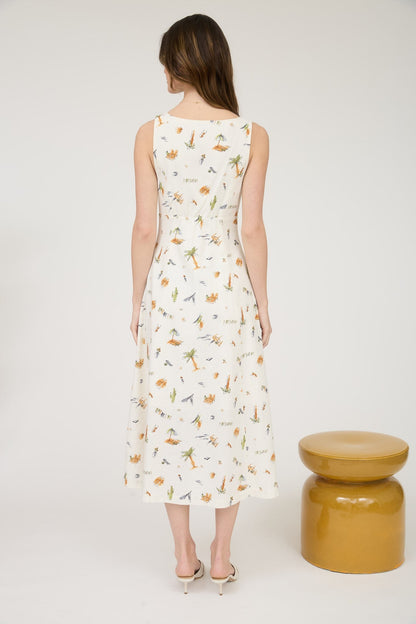  Melina Beach Print Midi Dress, Cream Multi