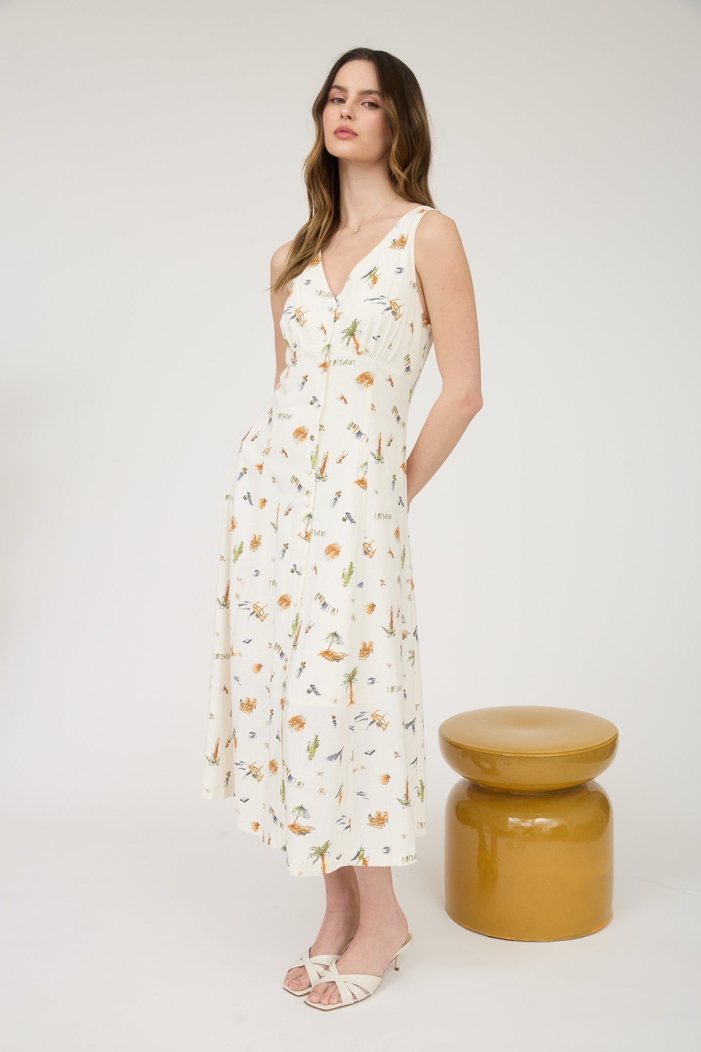  Melina Beach Print Midi Dress, Cream Multi