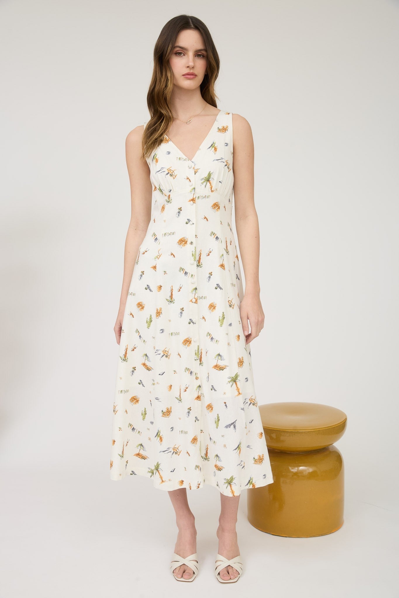  Melina Beach Print Midi Dress, Cream Multi