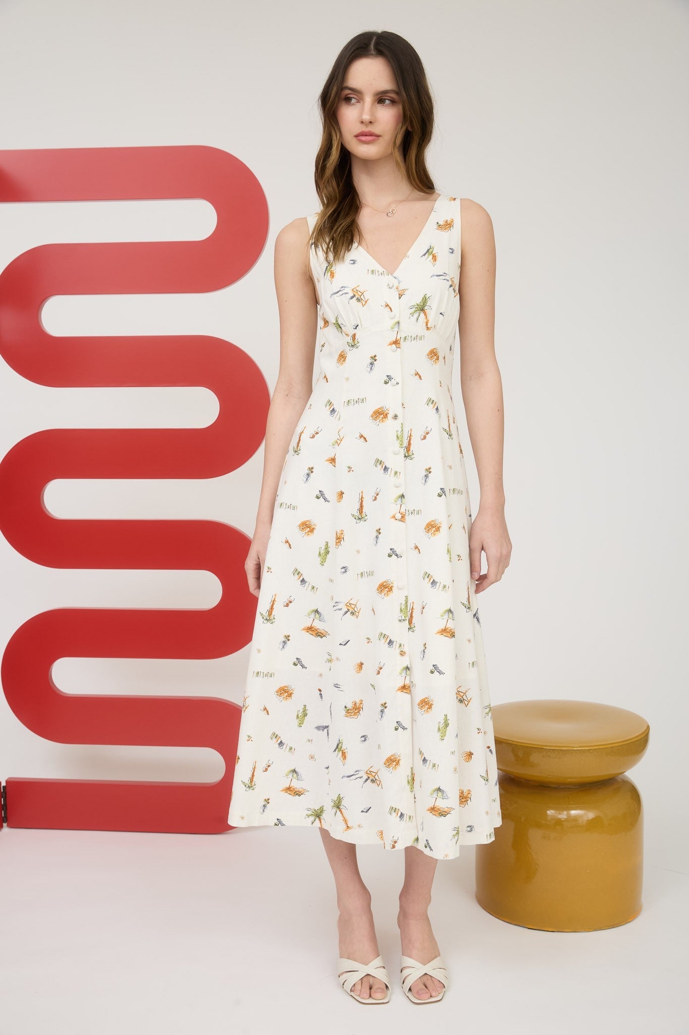  Melina Beach Print Midi Dress, Cream Multi