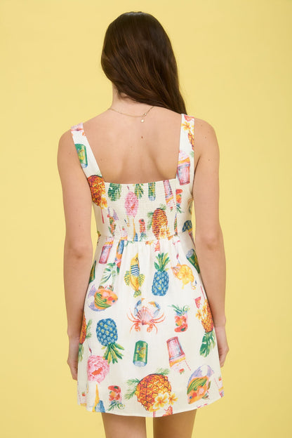  Mia Summer Printed Linen Mini Dress, Ivory Multi