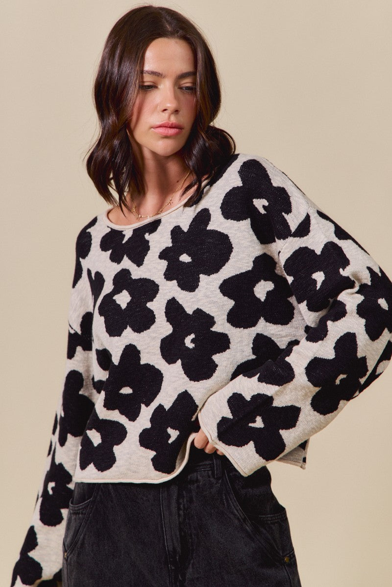  Shiloh Loose Fit Flower Sweater, Black/Oatmeal