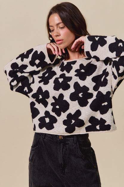  Shiloh Loose Fit Flower Sweater, Black/Oatmeal