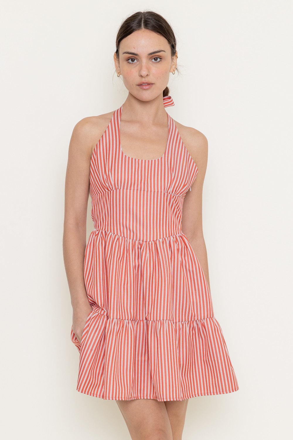  Marlie Halter Tie Neck Striped Dress, White/Red