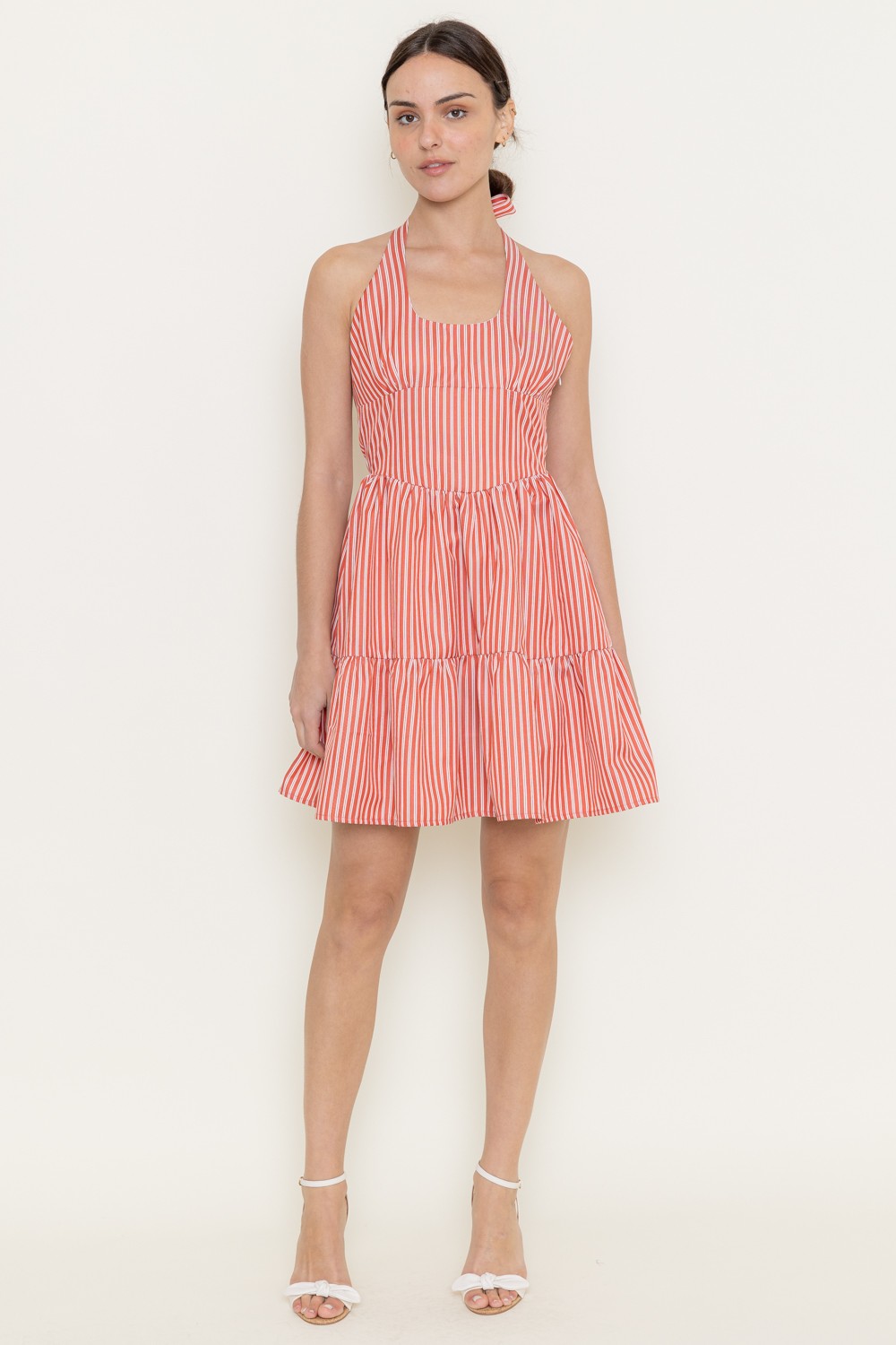  Marlie Halter Tie Neck Striped Dress, White/Red