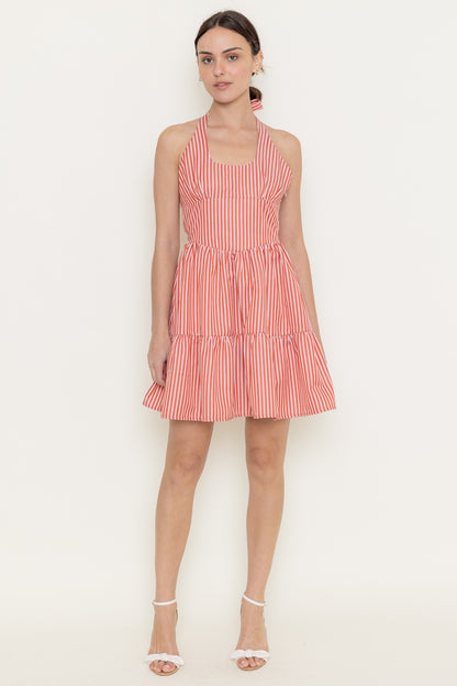  Marlie Halter Tie Neck Striped Dress, White/Red