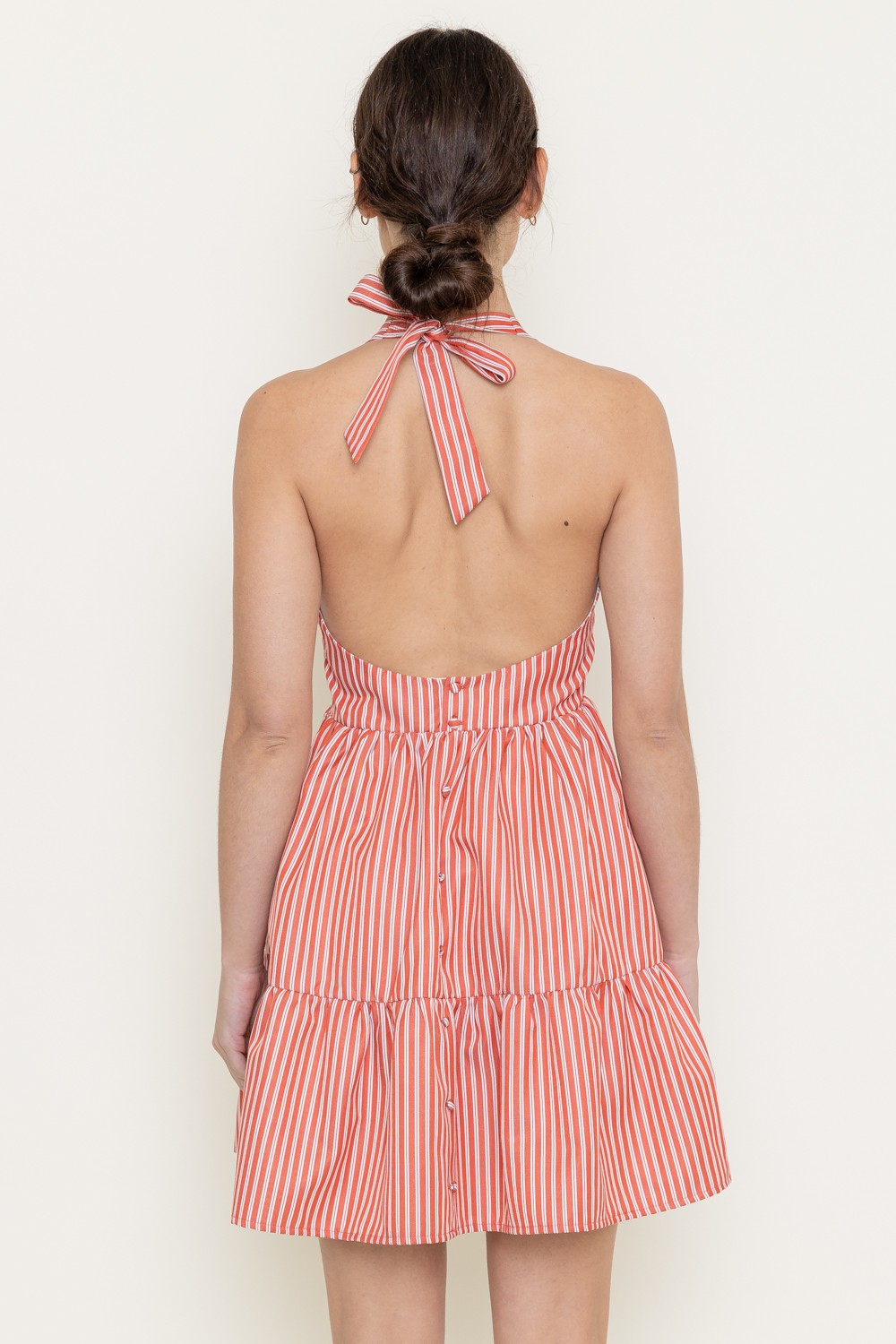  Marlie Halter Tie Neck Striped Dress, White/Red