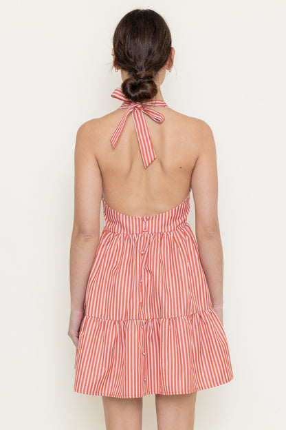 Marlie Halter Tie Neck Striped Dress, White/Red