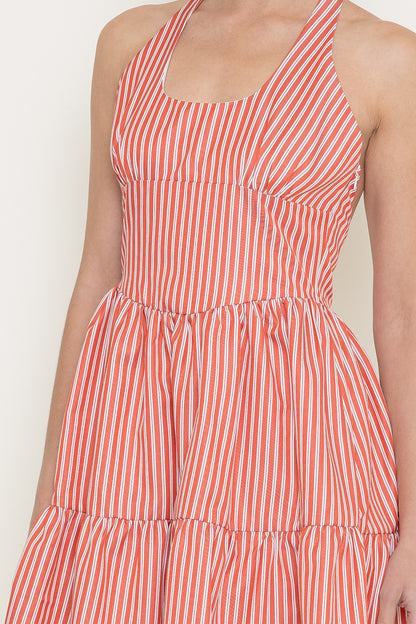  Marlie Halter Tie Neck Striped Dress, White/Red