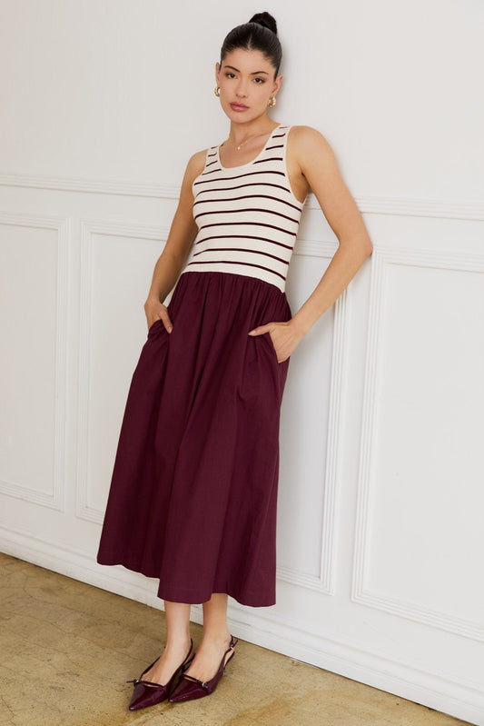 Calista Striped Bodice Mix Media Dress, Cream-Wine Stripe