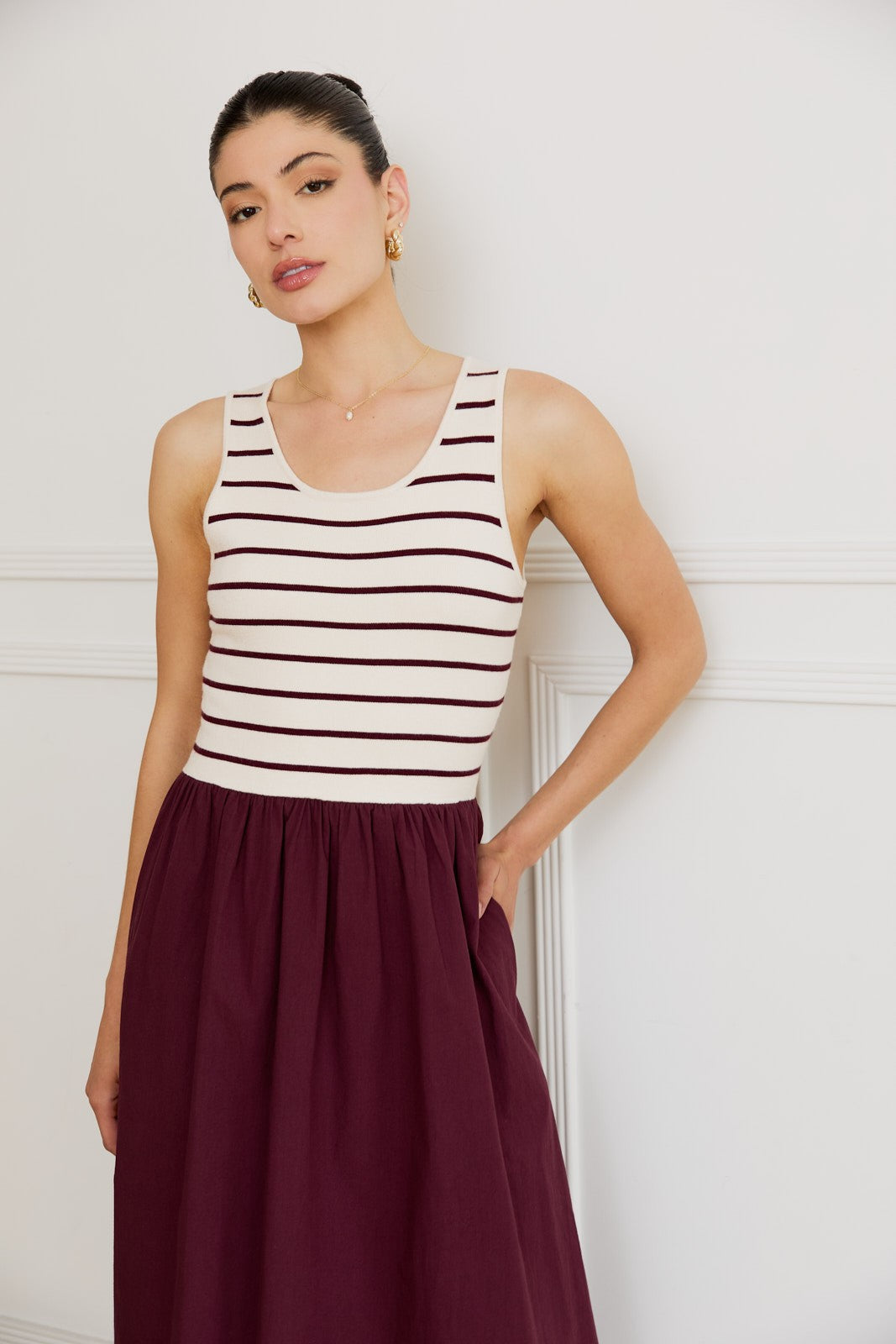  Calista Striped Bodice Mix Media Dress, Cream-Wine Stripe