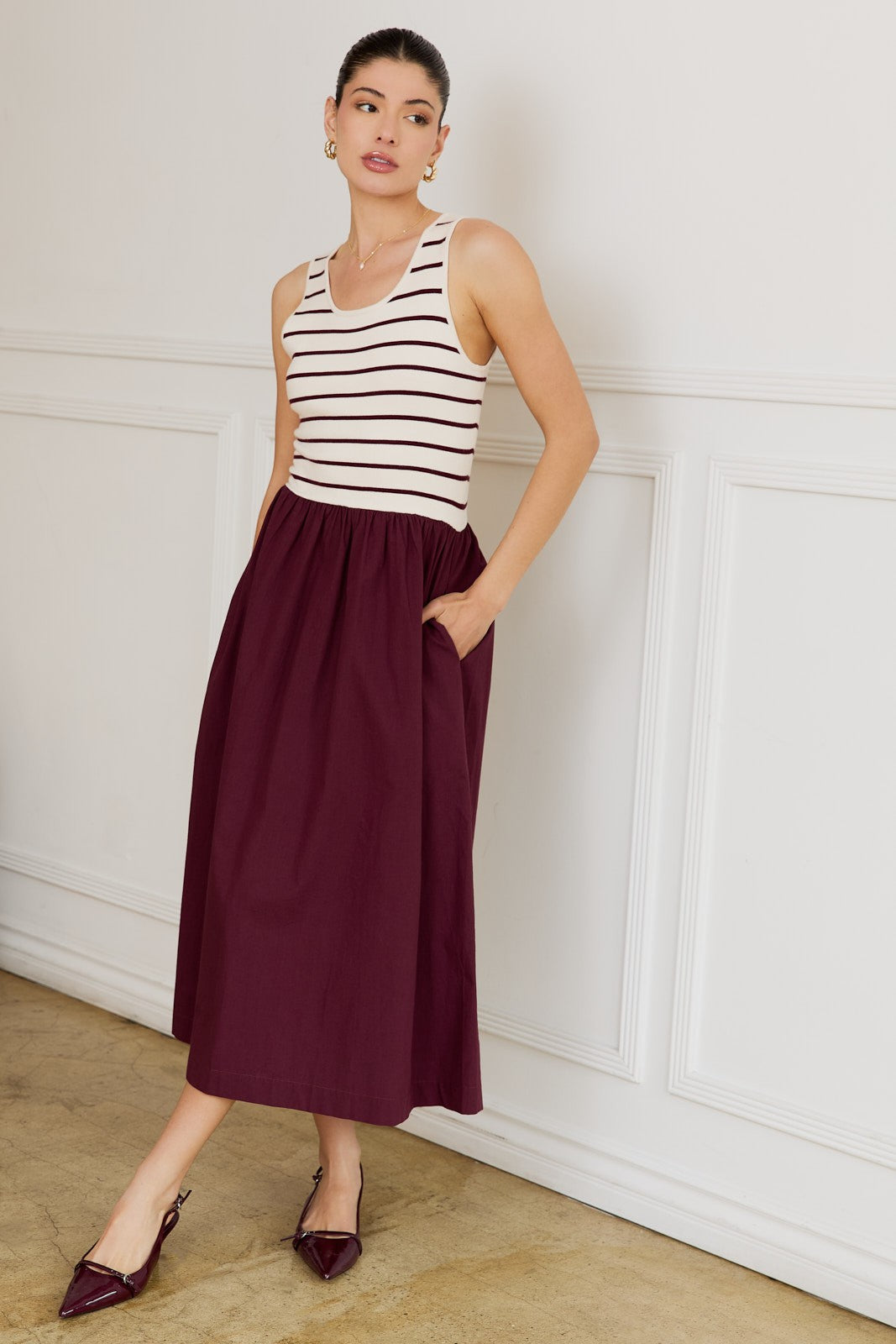  Calista Striped Bodice Mix Media Dress, Cream-Wine Stripe
