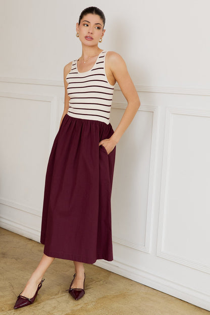  Calista Striped Bodice Mix Media Dress, Cream-Wine Stripe