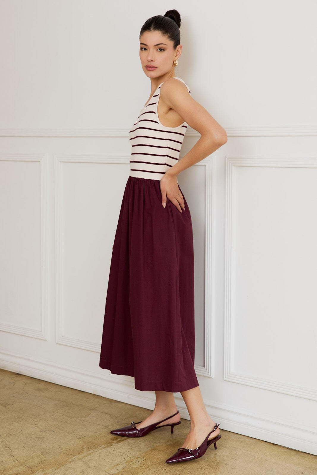  Calista Striped Bodice Mix Media Dress, Cream-Wine Stripe