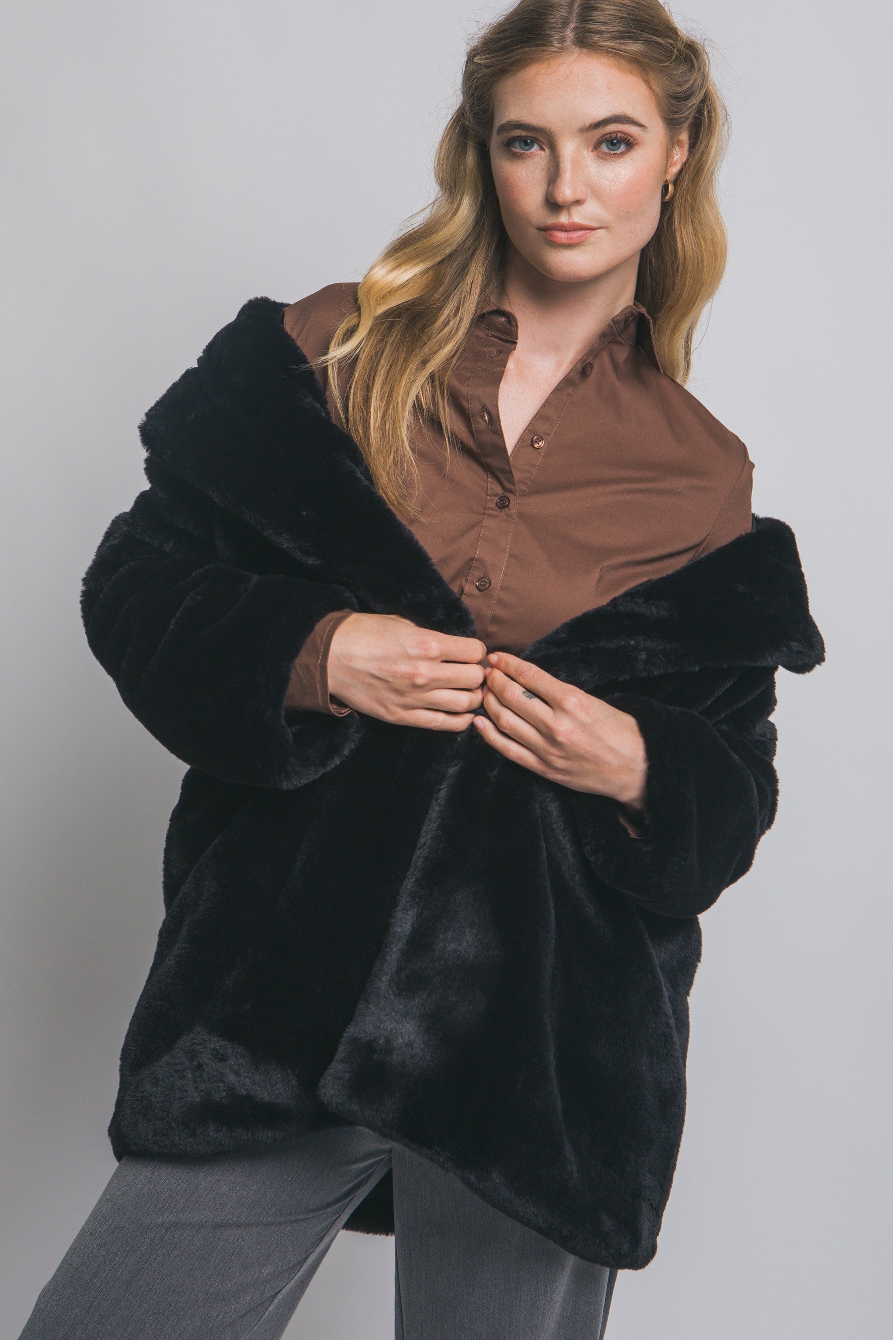  Ayla Faux Fur Collared Long Coat, Black