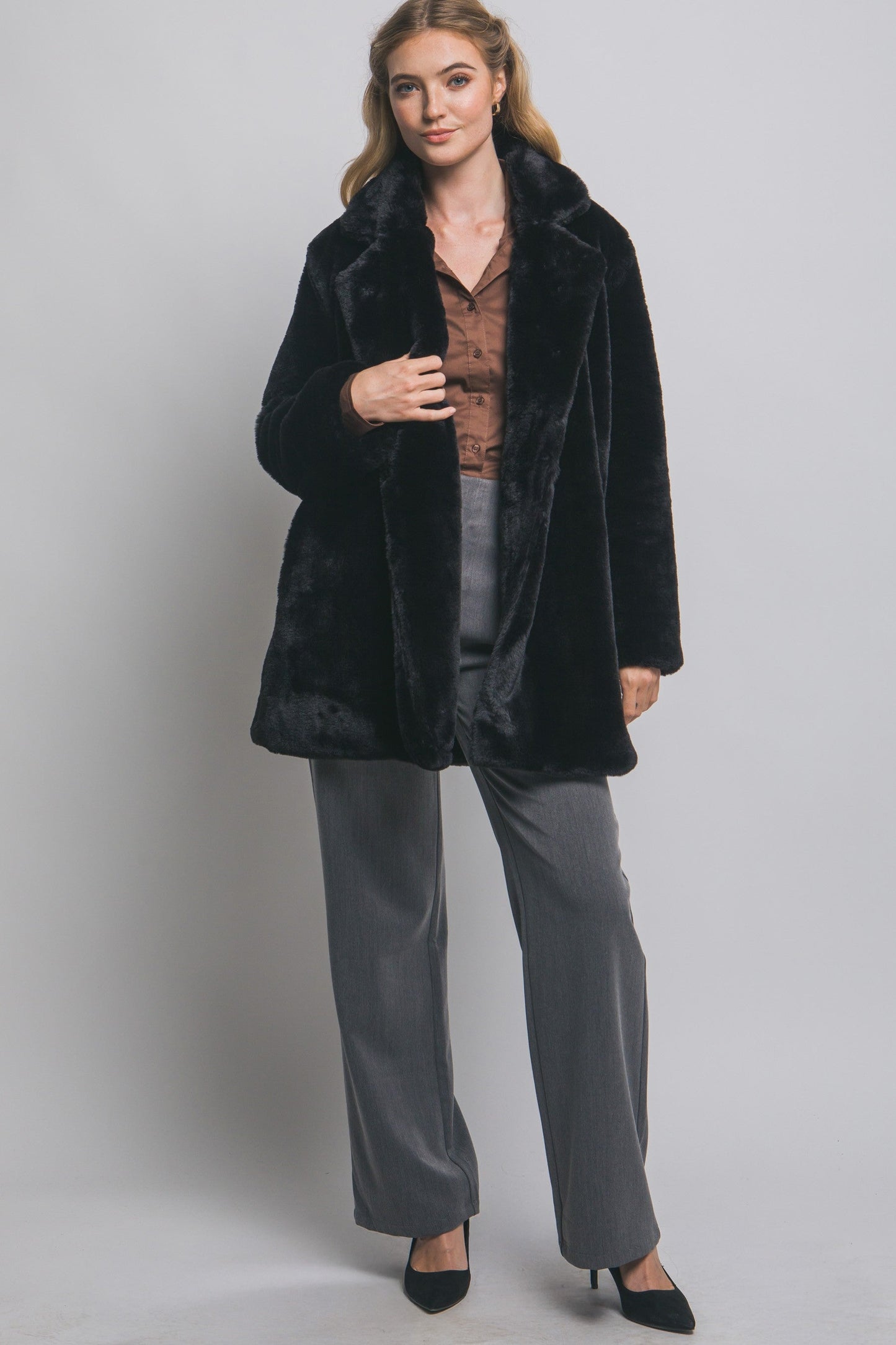  Ayla Faux Fur Collared Long Coat, Black